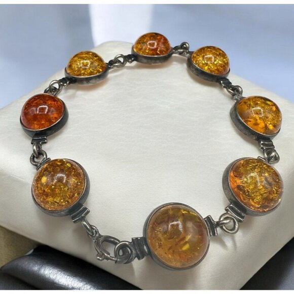 Vtg Sterling Silver Bracelet Honey Baltic Amber Valerio V-8 Poland 7.5" 925 Mark